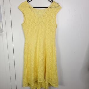 Connected Apparel Dress Womens 12 Lemon Yellow Lace Midi V Back Lined